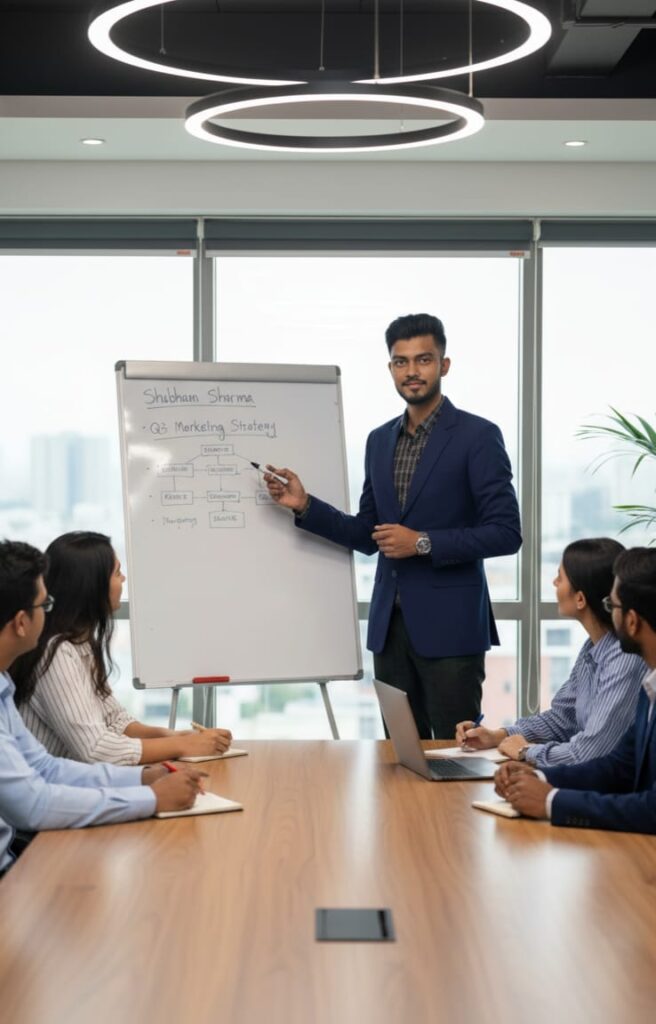 Shubham Sharma, digital marketing consultant and CEO of Digital Bandhan, guiding his team.